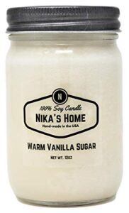 nika’s home vanilla sugar soy candle 12oz mason jar non-toxic white soy handmade, long burning 50-60 hours highly scented all natural, clean burning large candle gift décor
