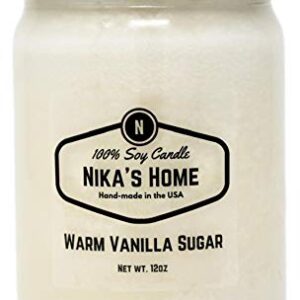 Nika's Home Vanilla Sugar Soy Candle 12oz Mason Jar Non-Toxic White Soy Handmade, Long Burning 50-60 Hours Highly Scented All Natural, Clean Burning Large Candle Gift Décor