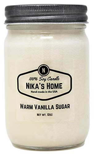 Nika's Home Vanilla Sugar Soy Candle 12oz Mason Jar Non-Toxic White Soy Handmade, Long Burning 50-60 Hours Highly Scented All Natural, Clean Burning Large Candle Gift Décor