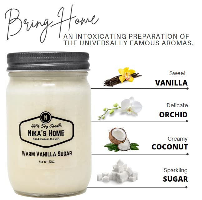 Nika's Home Vanilla Sugar Soy Candle 12oz Mason Jar Non-Toxic White Soy Handmade, Long Burning 50-60 Hours Highly Scented All Natural, Clean Burning Large Candle Gift Décor