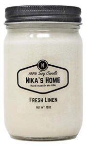 nika’s home fresh linen soy candle 12oz mason jar non-toxic natural white soy handmade, long burning 50-60 hours highly scented all natural, clean burning candle gift décor