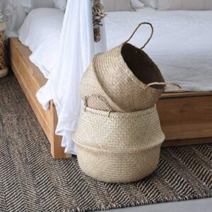 EKOGO Large Seagrass Belly Basket| Handwoven Foldable Storage Basket with Handles for Laundry, Picnic, Pot Cover, Decor | Natural, Eco-Friendly Household Items