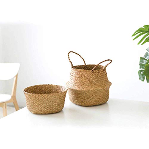 EKOGO Large Seagrass Belly Basket| Handwoven Foldable Storage Basket with Handles for Laundry, Picnic, Pot Cover, Decor | Natural, Eco-Friendly Household Items