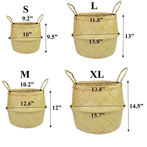 EKOGO Large Seagrass Belly Basket| Handwoven Foldable Storage Basket with Handles for Laundry, Picnic, Pot Cover, Decor | Natural, Eco-Friendly Household Items