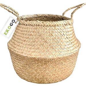 EKOGO Large Seagrass Belly Basket| Handwoven Foldable Storage Basket with Handles for Laundry, Picnic, Pot Cover, Decor | Natural, Eco-Friendly Household Items