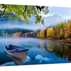 Arjun Lake Canvas Wall Art Blue Mountain Sky Nature Landscape Boat Picture Artwork Modern Spring Painting Framed Large for Living Room Bedroom Bathroom Dinning Room Home Office Wall Decor, 40"x20"