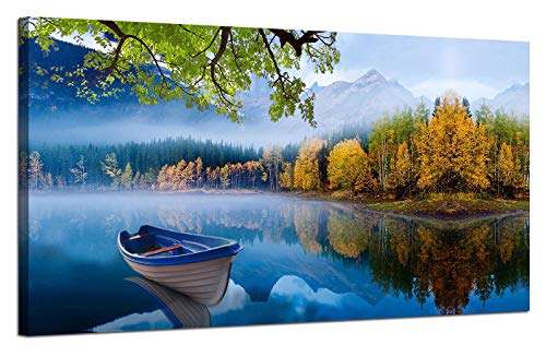 Arjun Lake Canvas Wall Art Blue Mountain Sky Nature Landscape Boat Picture Artwork Modern Spring Painting Framed Large for Living Room Bedroom Bathroom Dinning Room Home Office Wall Decor, 40"x20"