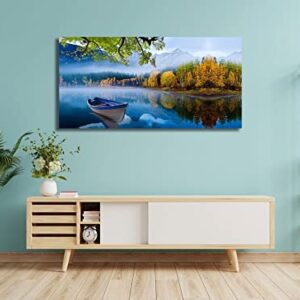 Arjun Lake Canvas Wall Art Blue Mountain Sky Nature Landscape Boat Picture Artwork Modern Spring Painting Framed Large for Living Room Bedroom Bathroom Dinning Room Home Office Wall Decor, 40"x20"