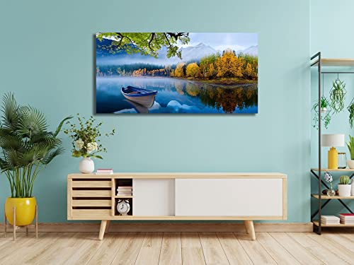 Arjun Lake Canvas Wall Art Blue Mountain Sky Nature Landscape Boat Picture Artwork Modern Spring Painting Framed Large for Living Room Bedroom Bathroom Dinning Room Home Office Wall Decor, 40"x20"