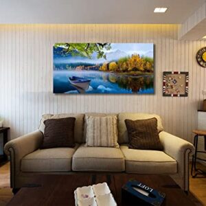 Arjun Lake Canvas Wall Art Blue Mountain Sky Nature Landscape Boat Picture Artwork Modern Spring Painting Framed Large for Living Room Bedroom Bathroom Dinning Room Home Office Wall Decor, 40"x20"