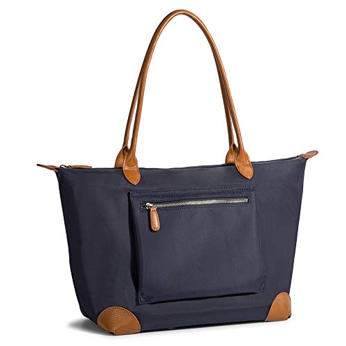 Tote Bag For Women Large Lightweight Leather Nylon Work Shoulder Bag And Foldable Travel Purse Blue