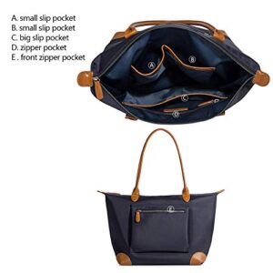 Tote Bag For Women Large Lightweight Leather Nylon Work Shoulder Bag And Foldable Travel Purse Blue