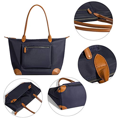 Tote Bag For Women Large Lightweight Leather Nylon Work Shoulder Bag And Foldable Travel Purse Blue