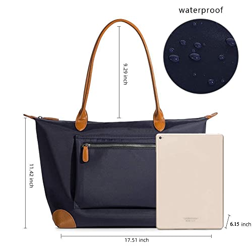 Tote Bag For Women Large Lightweight Leather Nylon Work Shoulder Bag And Foldable Travel Purse Blue