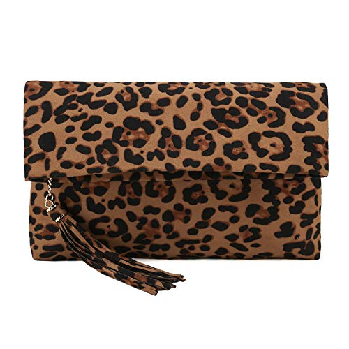 CHARMING TAILOR Leopard Clutch Bag for Women Tassel Foldover Clutch Faux Suede Dressy Purse for Day to Evening (Brown)