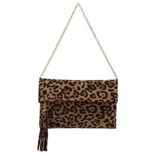 CHARMING TAILOR Leopard Clutch Bag for Women Tassel Foldover Clutch Faux Suede Dressy Purse for Day to Evening (Brown)