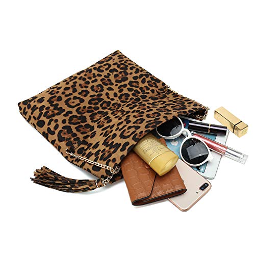 CHARMING TAILOR Leopard Clutch Bag for Women Tassel Foldover Clutch Faux Suede Dressy Purse for Day to Evening (Brown)