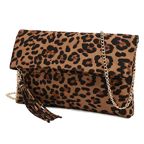 CHARMING TAILOR Leopard Clutch Bag for Women Tassel Foldover Clutch Faux Suede Dressy Purse for Day to Evening (Brown)