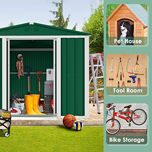 Crownland Backyard Garden Storage Shed 4 x 6 Feet Tool House with Sliding Door Outdoor Lawn Steel Roof Style Sheds, Green