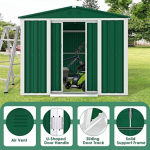 Crownland Backyard Garden Storage Shed 4 x 6 Feet Tool House with Sliding Door Outdoor Lawn Steel Roof Style Sheds, Green