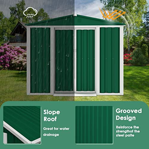 Crownland Backyard Garden Storage Shed 4 x 6 Feet Tool House with Sliding Door Outdoor Lawn Steel Roof Style Sheds, Green