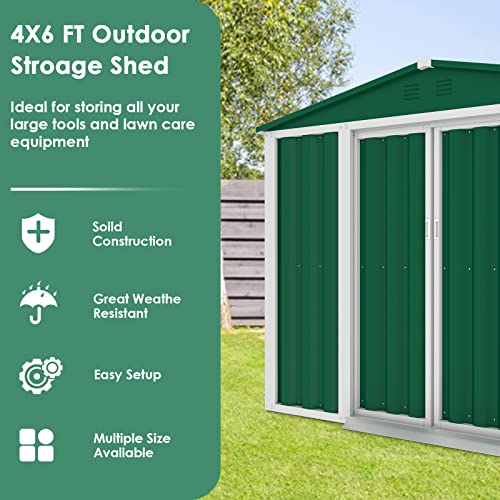 Crownland Backyard Garden Storage Shed 4 x 6 Feet Tool House with Sliding Door Outdoor Lawn Steel Roof Style Sheds, Green