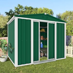 Crownland Backyard Garden Storage Shed 4 x 6 Feet Tool House with Sliding Door Outdoor Lawn Steel Roof Style Sheds, Green