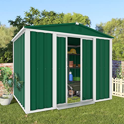 Crownland Backyard Garden Storage Shed 4 x 6 Feet Tool House with Sliding Door Outdoor Lawn Steel Roof Style Sheds, Green