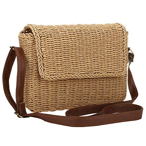 Hand Woven Straw Handbag Tote Rattan Bag for Women, Summer Beach Shoulder Bag Weave Vintage Crossbody Bag for Women (Khaki)