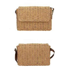 Hand Woven Straw Handbag Tote Rattan Bag for Women, Summer Beach Shoulder Bag Weave Vintage Crossbody Bag for Women (Khaki)