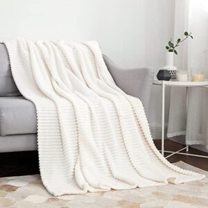 miulee fleece throw blanket with stripe pattern for couch super soft fuzzy flannel cream white blanket plush warm cozy bed blanket for sofa chair twin size 60″x80″