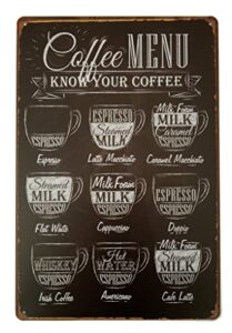 erlood coffee menu know your coffee tin sign wall retro metal bar pub poster metal 12 x 8