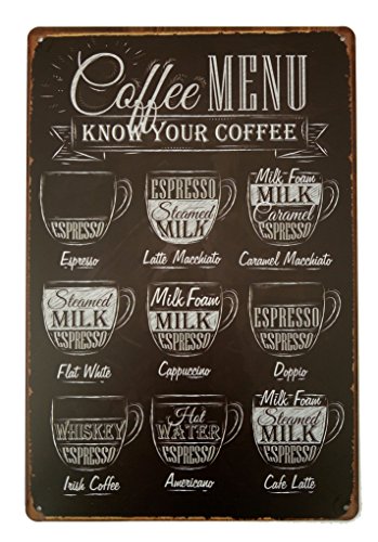 ERLOOD Coffee Menu Know Your Coffee Tin Sign Wall Retro Metal Bar Pub Poster Metal 12 X 8