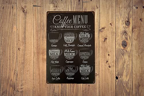 ERLOOD Coffee Menu Know Your Coffee Tin Sign Wall Retro Metal Bar Pub Poster Metal 12 X 8