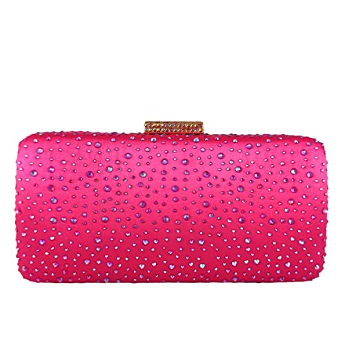 Elegant Women Fuchsia Crystal Clutch Evening Bags Wedding Cocktail Box Handbag Purse