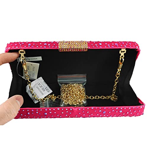 Elegant Women Fuchsia Crystal Clutch Evening Bags Wedding Cocktail Box Handbag Purse