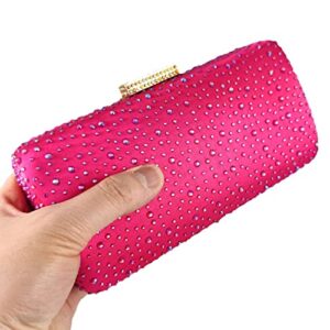 Elegant Women Fuchsia Crystal Clutch Evening Bags Wedding Cocktail Box Handbag Purse