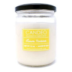 lemon verbena soy jar candle, 12 oz – highly scented – made with soy wax – handmade in the usa – candeo candle