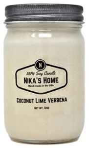 nika’s home coconut lime verbena soy candle – 12oz mason jar – non-toxic soy candle-hand poured candle- handmade, long burning candle-highly scented candle-all natural, clean burning candle
