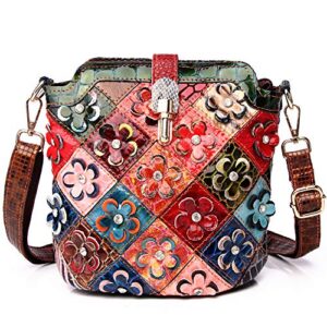 segater® women’s multicolor floral small crossbody bag,cowhide genuine leather handbag flower 3d snake pattern shoulder bag ladies travel top-handle bag patchwork colorful purses