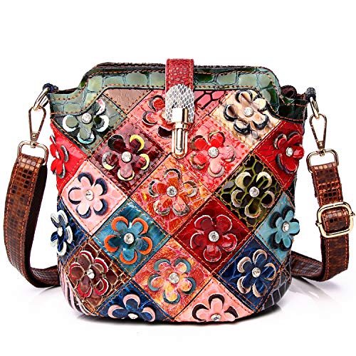 Segater® Women’s Multicolor Floral Small Crossbody Bag,Cowhide Genuine Leather Handbag Flower 3D Snake Pattern Shoulder Bag Ladies Travel Top-Handle Bag Patchwork Colorful Purses