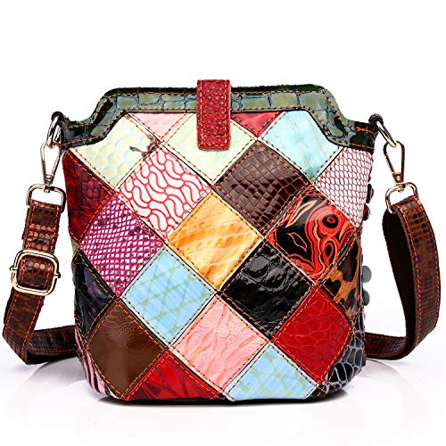 Segater® Women’s Multicolor Floral Small Crossbody Bag,Cowhide Genuine Leather Handbag Flower 3D Snake Pattern Shoulder Bag Ladies Travel Top-Handle Bag Patchwork Colorful Purses