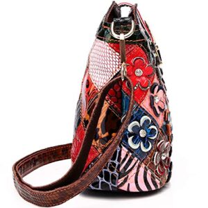 Segater® Women’s Multicolor Floral Small Crossbody Bag,Cowhide Genuine Leather Handbag Flower 3D Snake Pattern Shoulder Bag Ladies Travel Top-Handle Bag Patchwork Colorful Purses