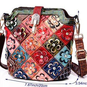 Segater® Women’s Multicolor Floral Small Crossbody Bag,Cowhide Genuine Leather Handbag Flower 3D Snake Pattern Shoulder Bag Ladies Travel Top-Handle Bag Patchwork Colorful Purses