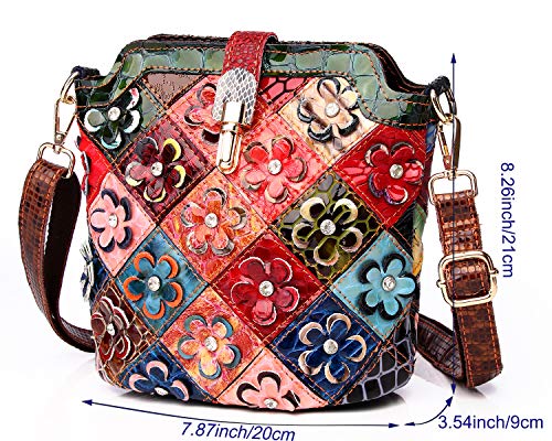 Segater® Women’s Multicolor Floral Small Crossbody Bag,Cowhide Genuine Leather Handbag Flower 3D Snake Pattern Shoulder Bag Ladies Travel Top-Handle Bag Patchwork Colorful Purses