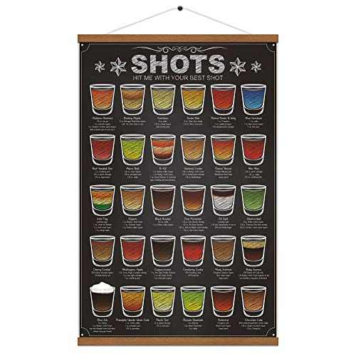 WEROUTE 30 Shots Mixology Canvas Print Poster Cocktail Recipes Infographic Drink Designed Bar Pub Themed Kitchen Home Wall Decor 15.7 X 27 Inch (with Hanger Scroll Frame)