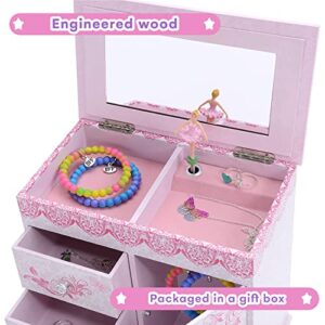 Jewelkeeper Ballerina Musical Jewelry Box with 3 Pullout Drawers, Ballet Slipper Design, Swan Lake Tune