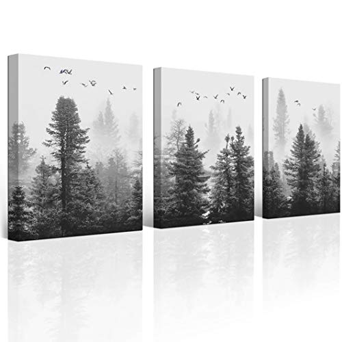 Wall art Canvas wall art Forest wall art Living room decoration black and white art Landscape wall art Gable decoration Morning fog Mountain canvas art wall Fog forest 3 panel Modern home Decoration