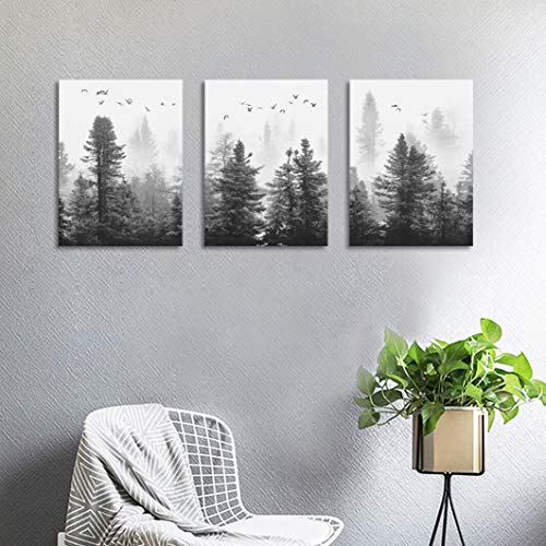 Wall art Canvas wall art Forest wall art Living room decoration black and white art Landscape wall art Gable decoration Morning fog Mountain canvas art wall Fog forest 3 panel Modern home Decoration