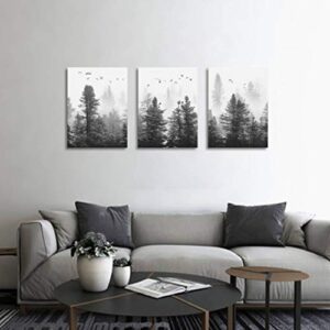 Wall art Canvas wall art Forest wall art Living room decoration black and white art Landscape wall art Gable decoration Morning fog Mountain canvas art wall Fog forest 3 panel Modern home Decoration